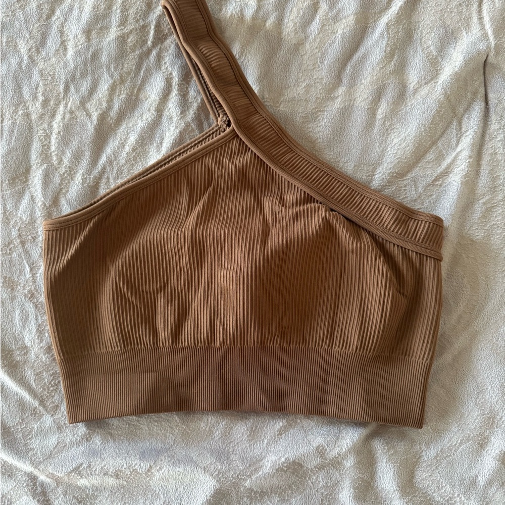 OQQ Chic Asymmetrical Ribbed Brown Top